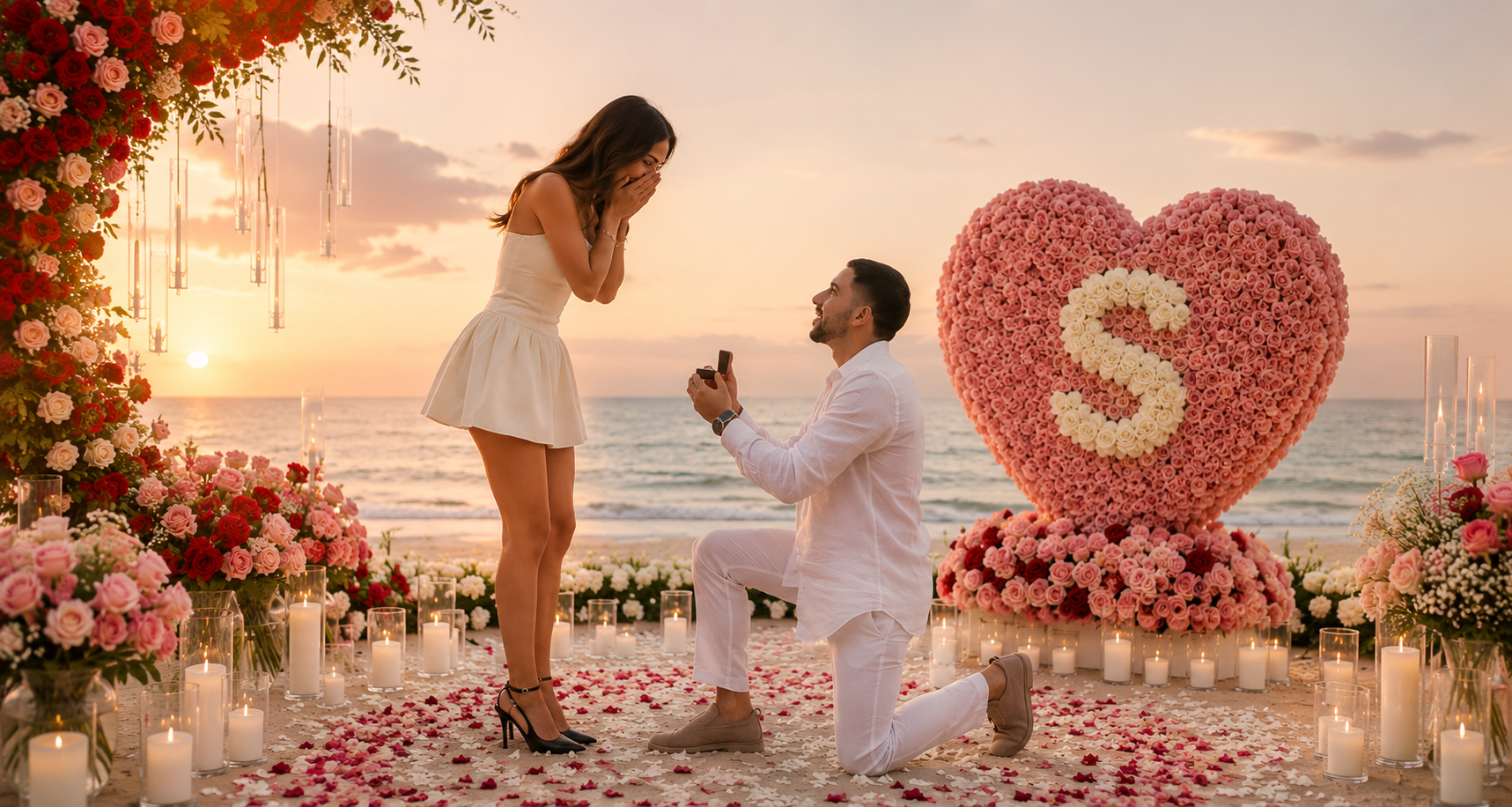 Luxury proposal and anniversary gifts collection by Idole Lebanon featuring romantic flowers, balloons, cakes, and elegant surprise arrangements