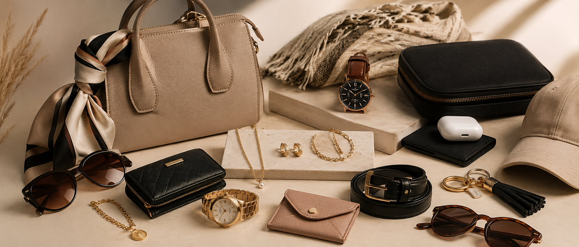 Fashion accessories collection featuring handbags, jewelry, wallets, scarves, watches, and stylish lifestyle essentials available through Idole Lebanon USA.