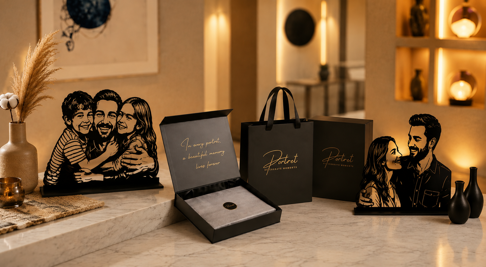 Portret Lebanon personalized metal portraits with luxury gift-ready packaging, custom family silhouette artwork, premium gift box, branded shopping bag, and handcrafted keepsake gifts.