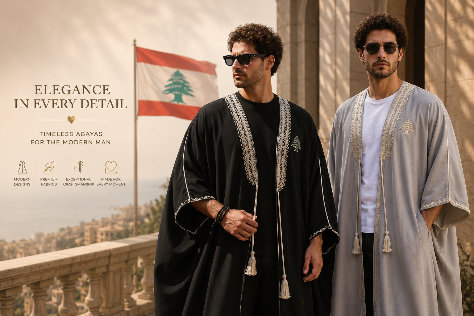 Men abayas collection by Mouftah El Chark featuring modern and traditional modest wear at Idole Lebanon