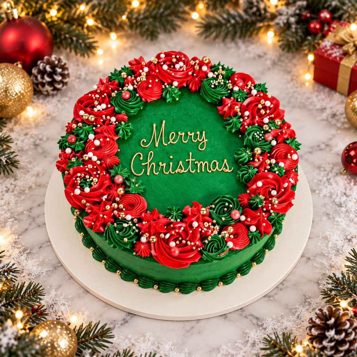 Classic Christmas wreath cake, one of Idole's festive cakes delivered in Lebanon