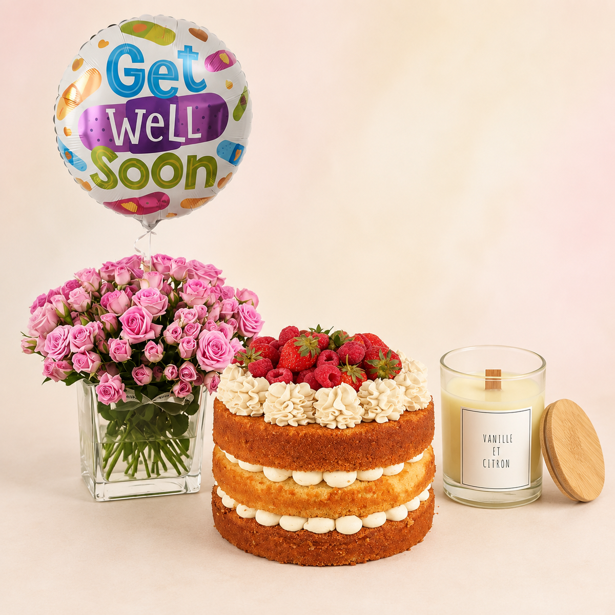 Get Well Soon Flowers, Cake, Balloon & Candle Bundle — Idole Lebanon collection