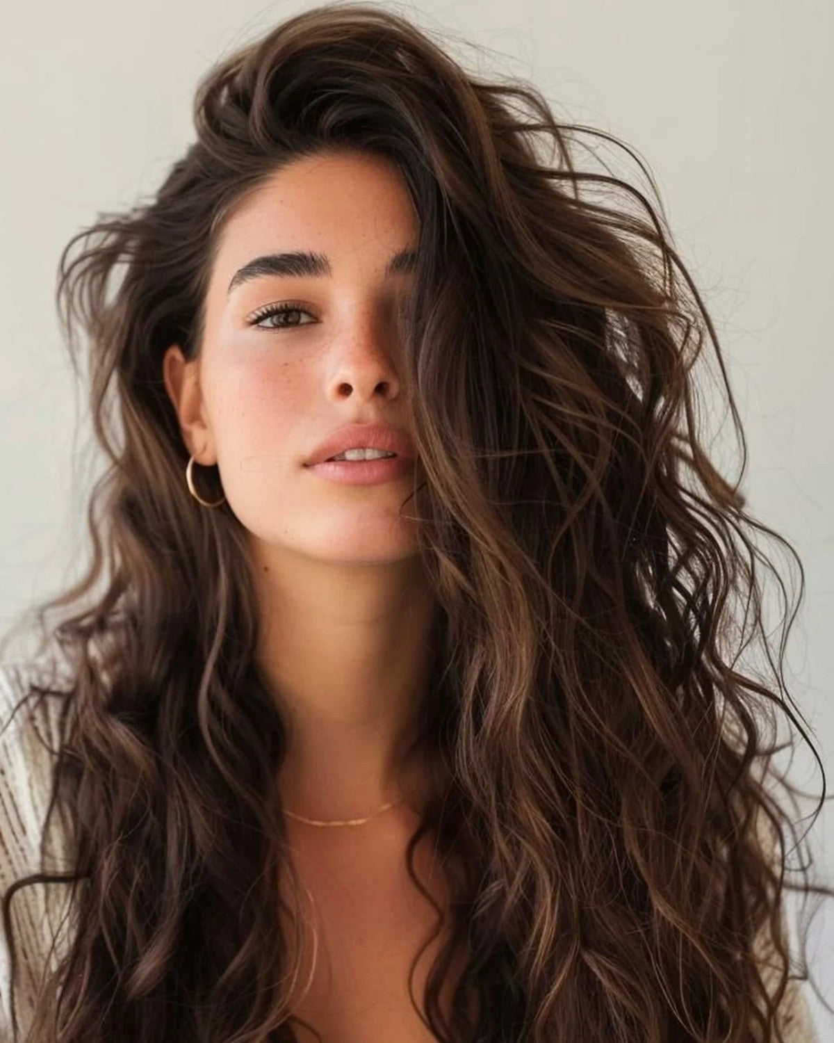 Woman with long, glossy brown hair in soft waves after a hair treatment and styling at Luxe Elegance Beauty Center