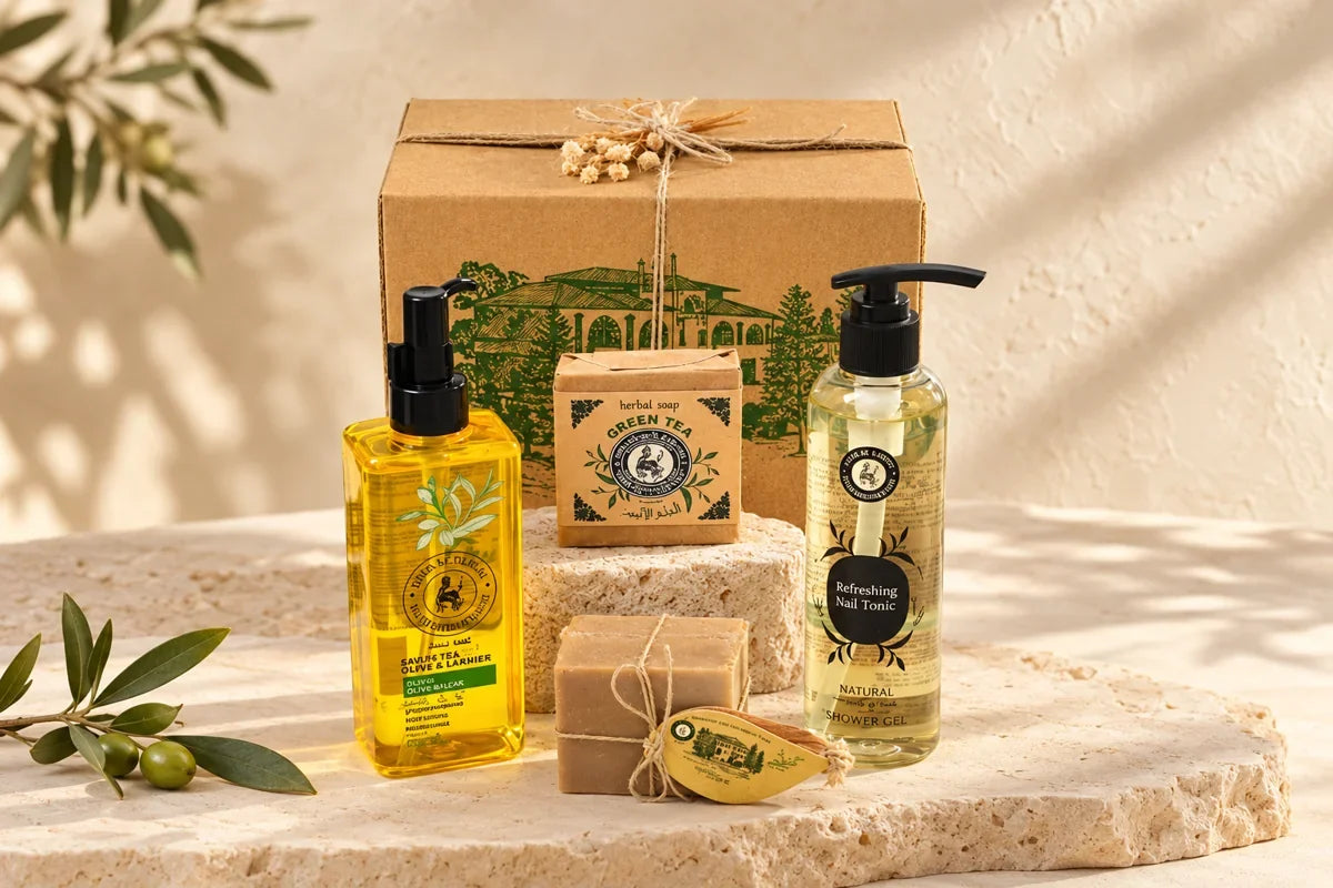 Khan Al Saboun gift box with botanical skincare and soaps on a cream stone display