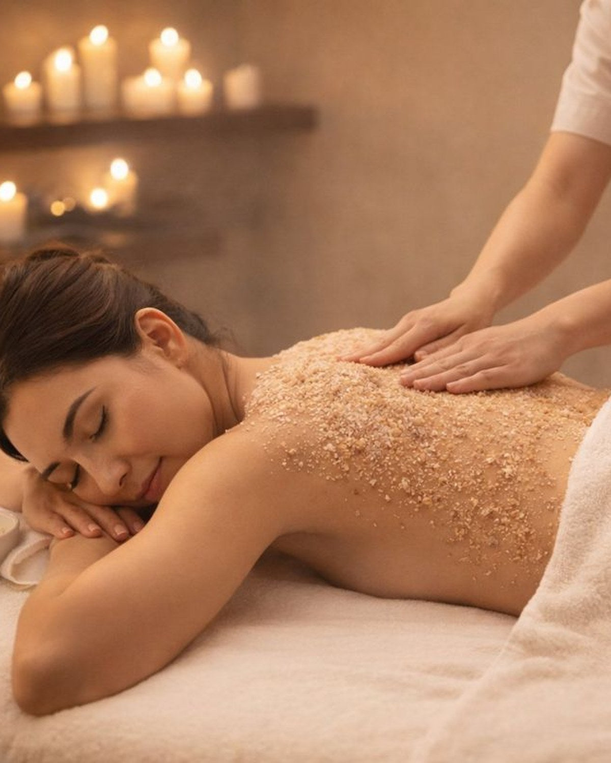 Woman relaxing with eyes closed on a candlelit spa bed while a therapist applies a body scrub, from the Idole Beauty & Spa gift voucher collection
