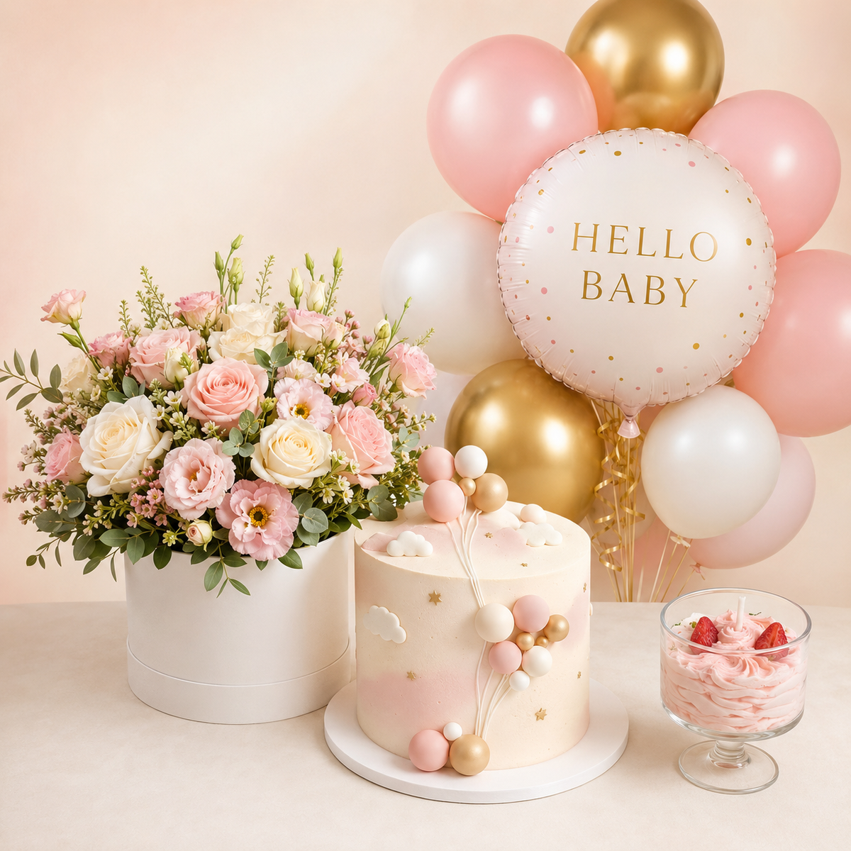 Welcome baby girl gift bundle with pink flowers, pastel cake, baby girl balloons and strawberry cream candle delivered in Lebanon