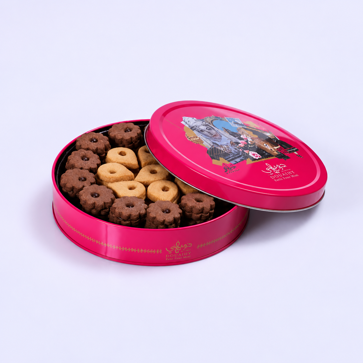 Douaihy Petit Four Mini ~ 60pcs. Assorted pale and chocolate petit four cookies in an open pink round tin.
