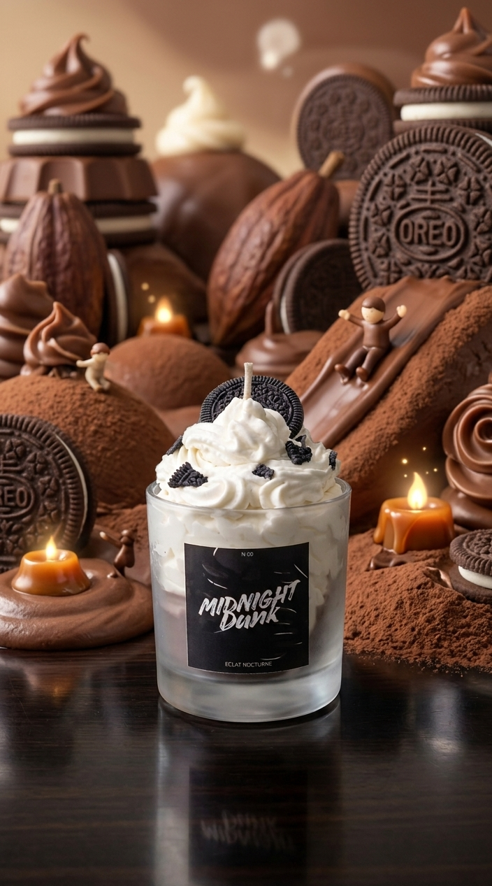 midnight dunk chocolate cookie scented soy wax candle with creamy topping by eclat nocturne in Lebanon