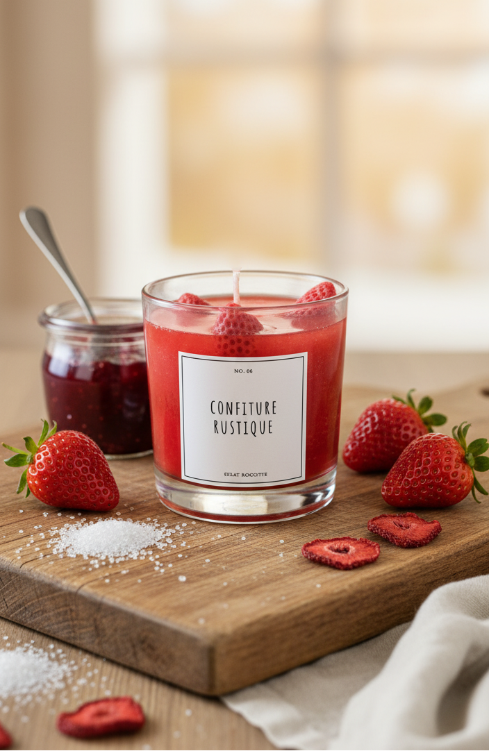 strawberry preserve scented soy wax candle with rustic design by eclat nocturne in Lebanon