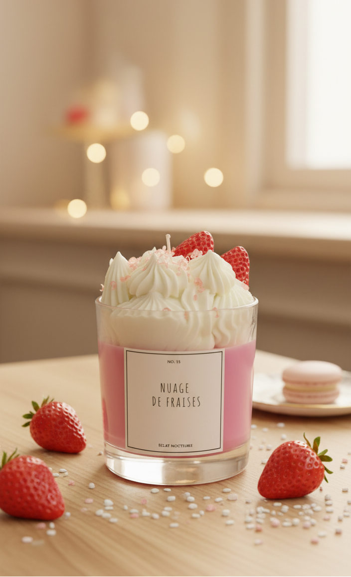strawberry cream scented soy wax candle with whipped topping and fresh strawberry design by eclat nocturne in Lebanon