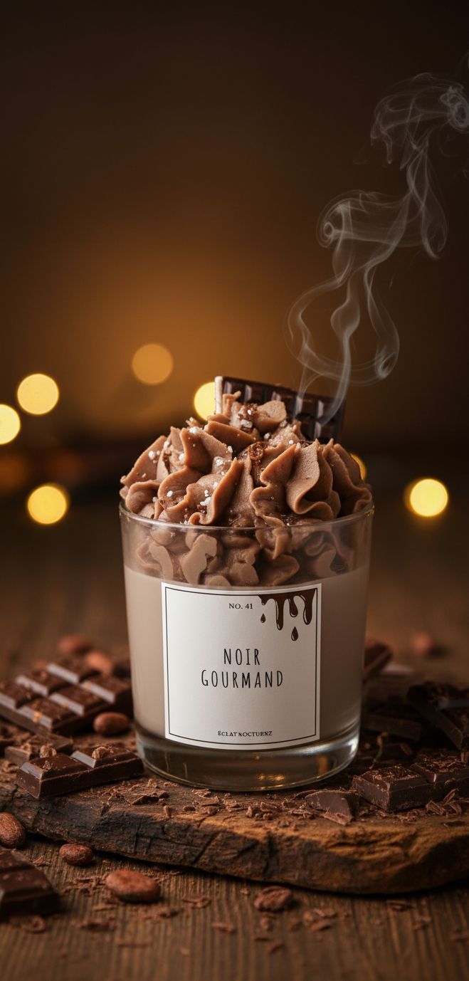 chocolate scented soy wax candle with whipped cocoa topping and dark chocolate design by eclat nocturne lebanon