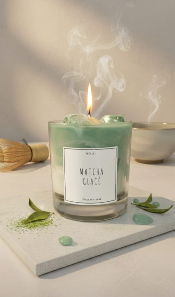 green matcha scented soy wax candle with soft creamy texture and tea inspired design by eclat nocturne lebanon
