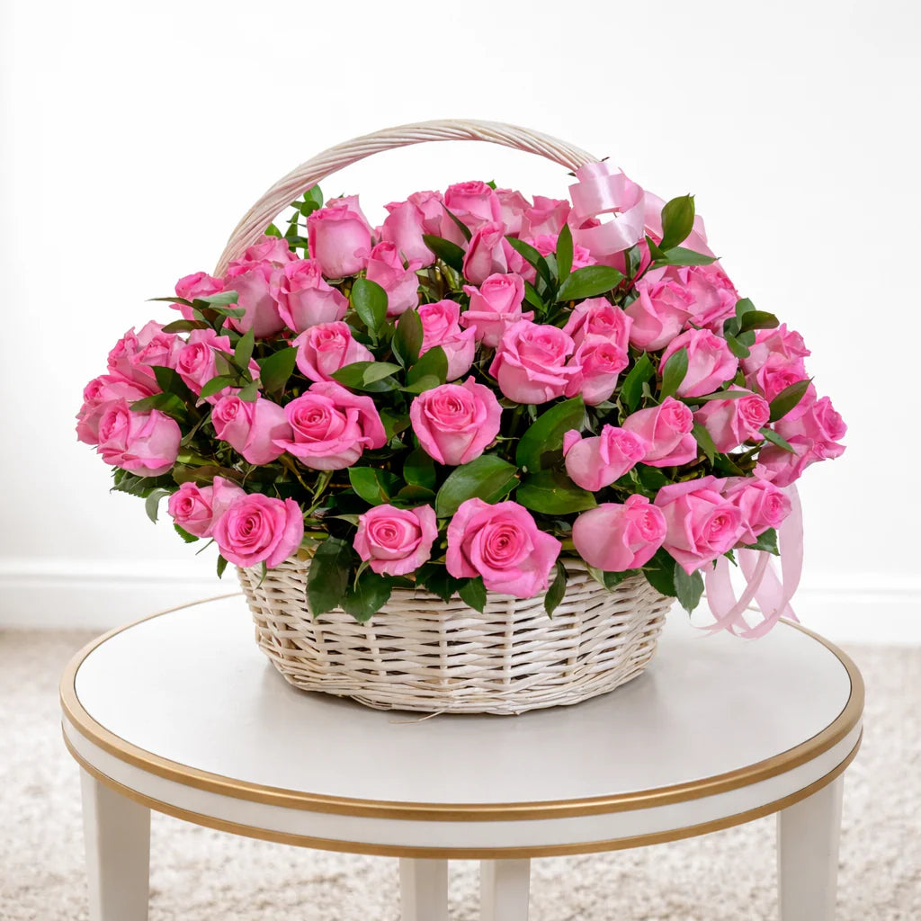 Luxury Pink Roses Basket – 50 or 100 Roses