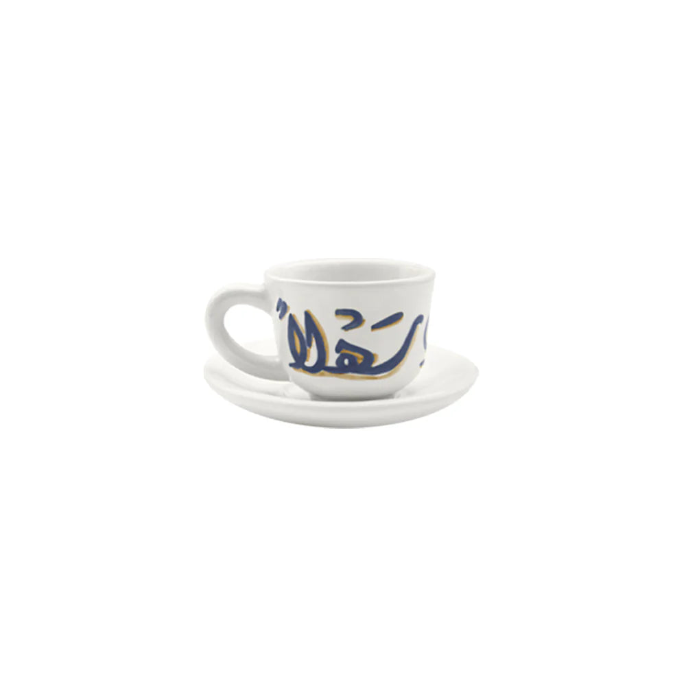 Handmade Blue Ahlan Wa Sahlan ceramic coffee cup and saucer crafted and painted in Lebanon