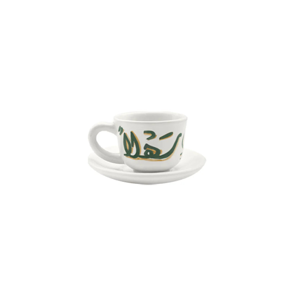 Handmade Green Ahlan Wa Sahlan ceramic coffee cup and saucer crafted and painted in Lebanon