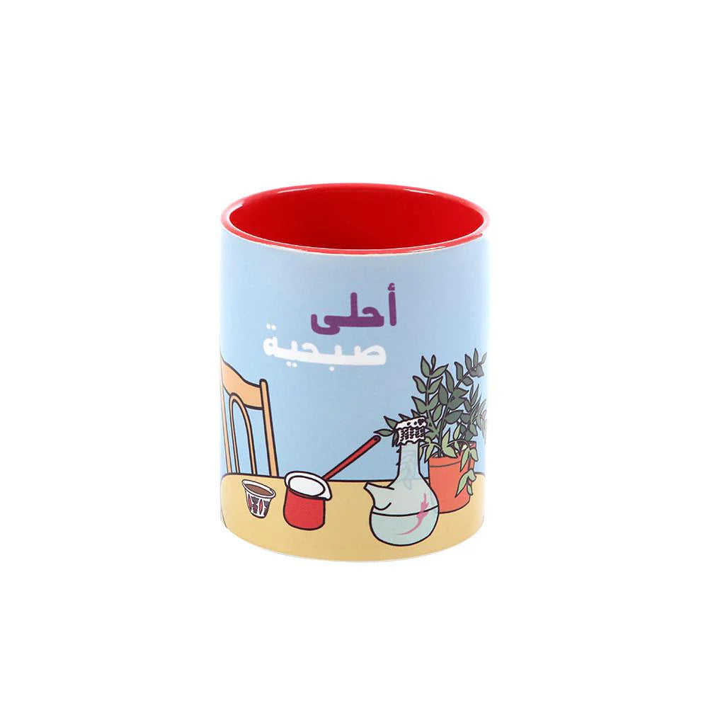 Red Ahla Sobhieh porcelain mug inspired by Lebanese mornings with artistic illustrated design