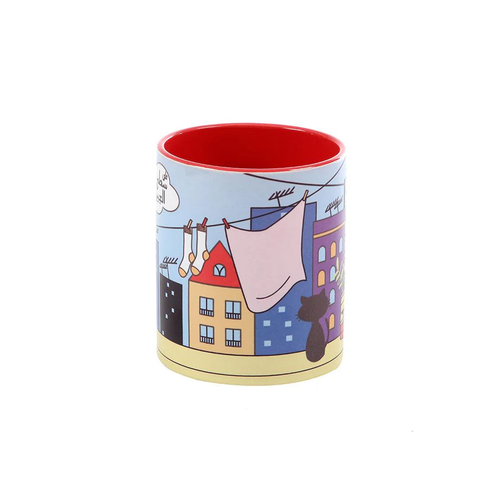 Red Sateh El Jiran porcelain mug with Lebanese neighborhood inspired artistic illustration
