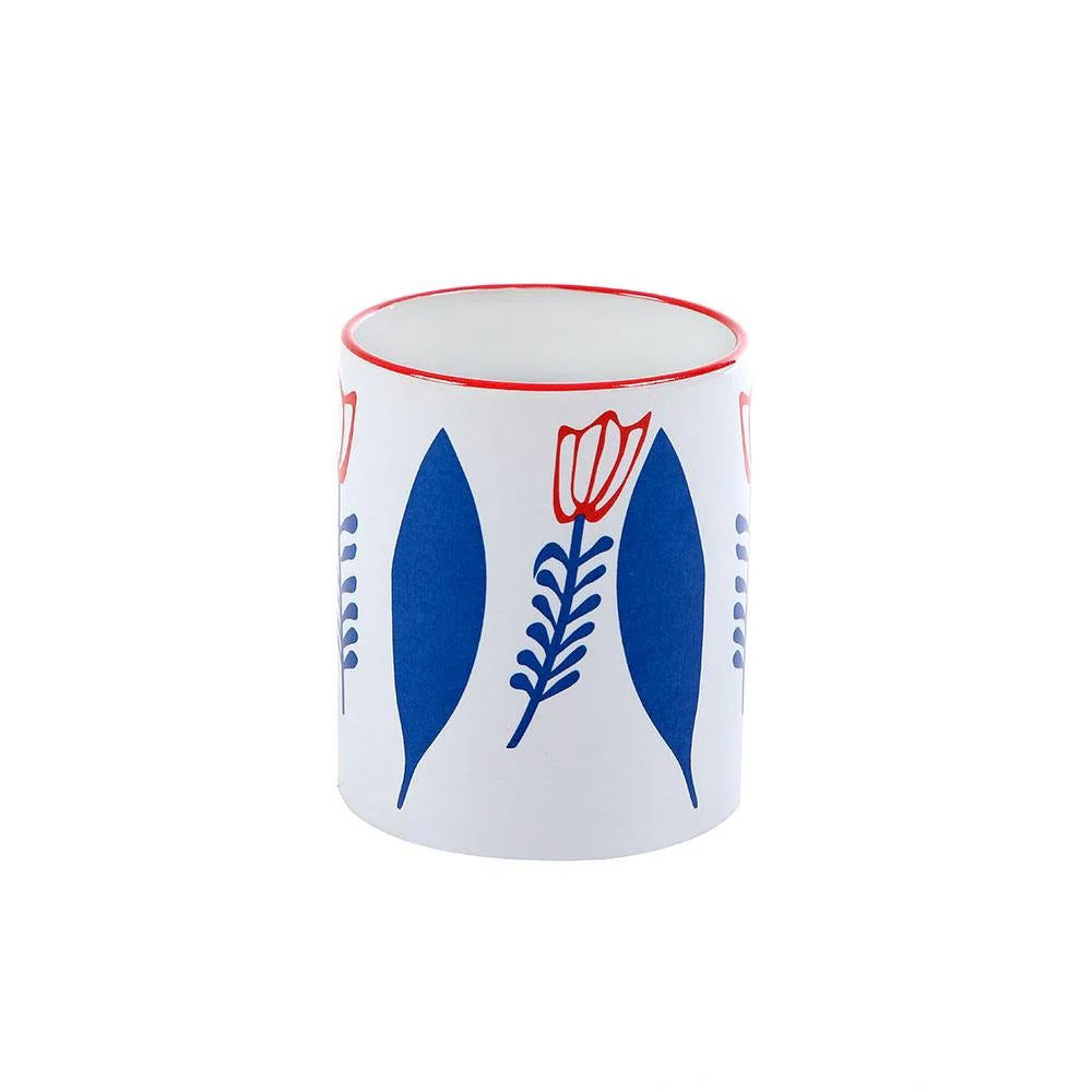 Blue Lebanese Chaffe porcelain mug with Lebanese inspired floral artwork and colorful detailing
