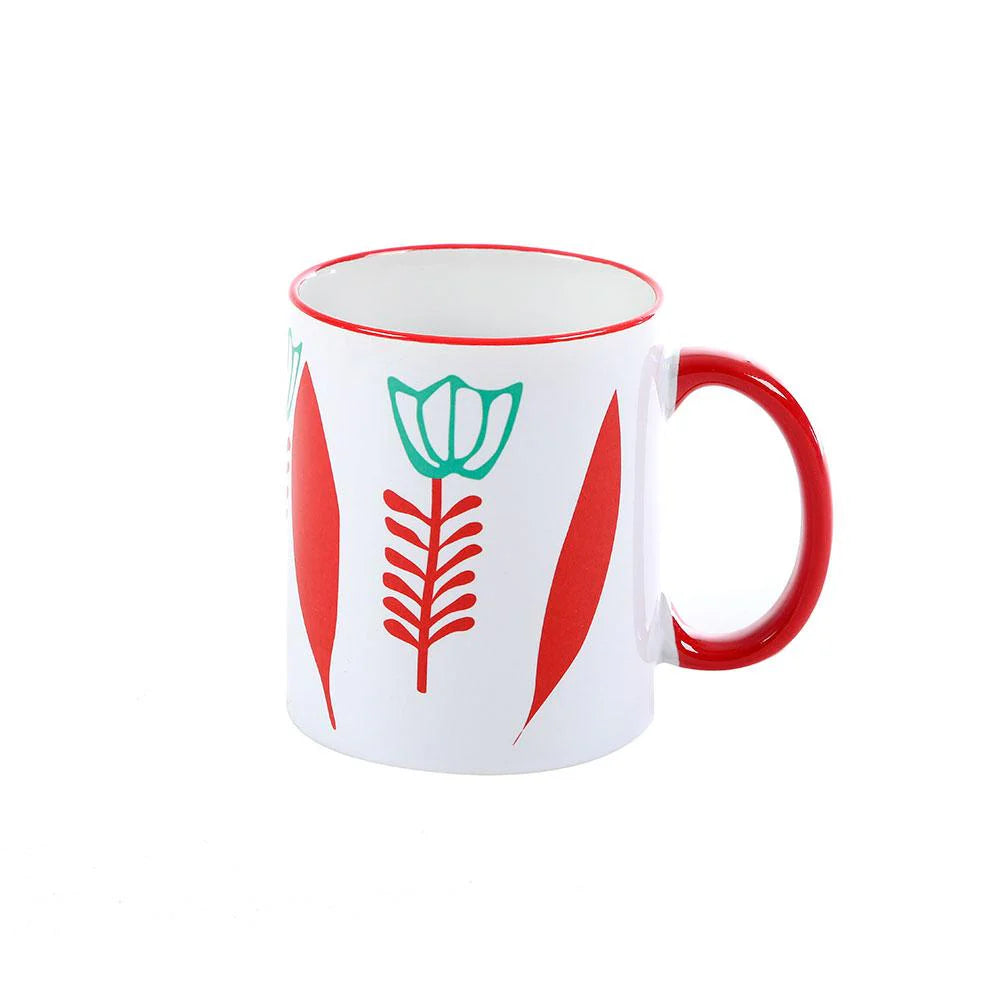 Red Lebanese Chaffe porcelain mug with Lebanese inspired floral artwork and colorful detailing