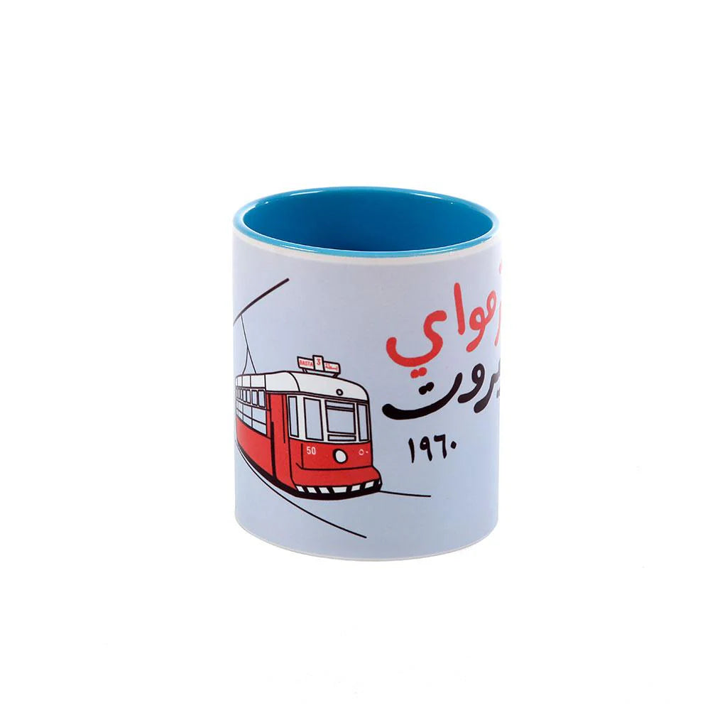 Blue Tramay Beirut porcelain mug with Arabic typography inspired by Beirut culture