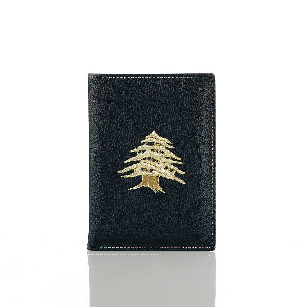 Muftah El Chark black Lebanese passport holder with gold cedar embroidery, vegan leather travel accessory made in Lebanon.