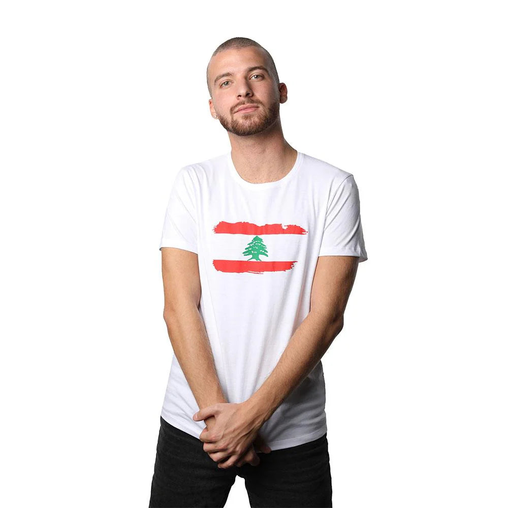 White men’s T-shirt inspired by Lebanese streetwear style with round neck and short sleeves