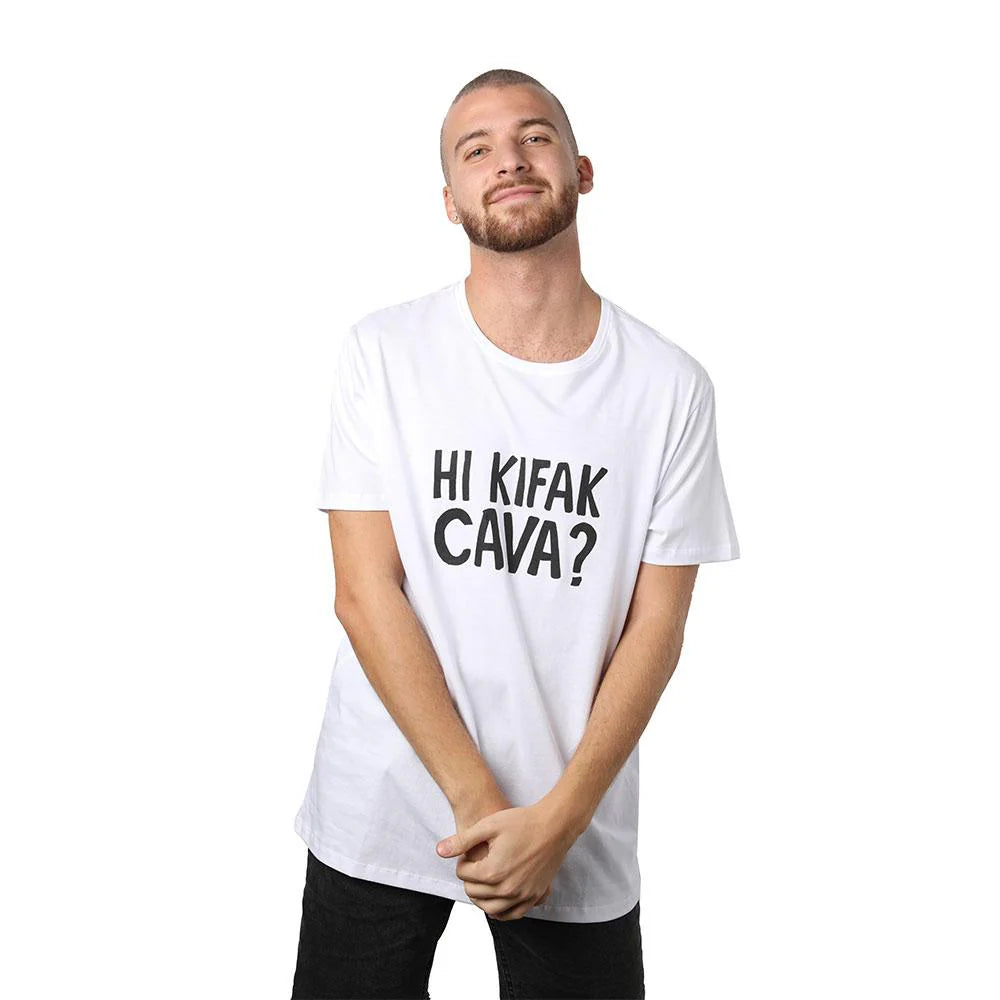 White men’s T-shirt with Hi Kifak Cava graphic and short sleeves