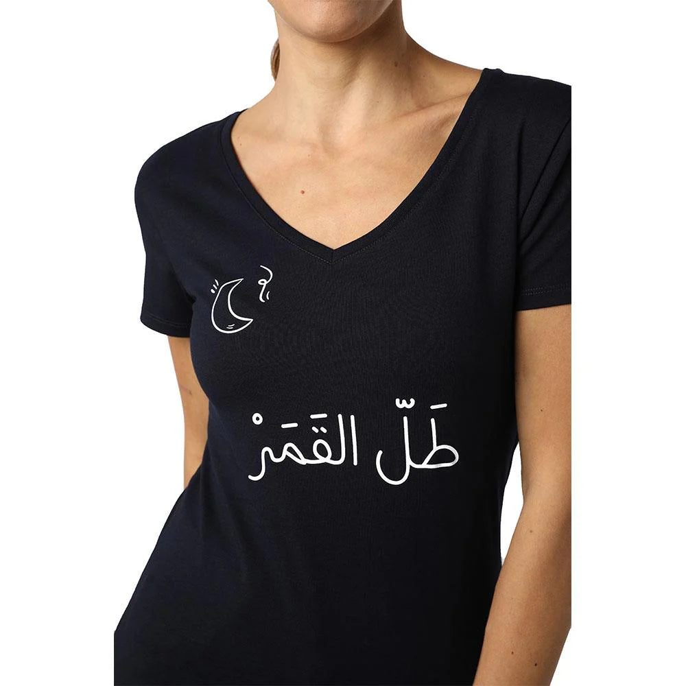 Black women’s V-neck T-shirt with Tall L Qamar Lebanese-inspired graphic and short sleeves