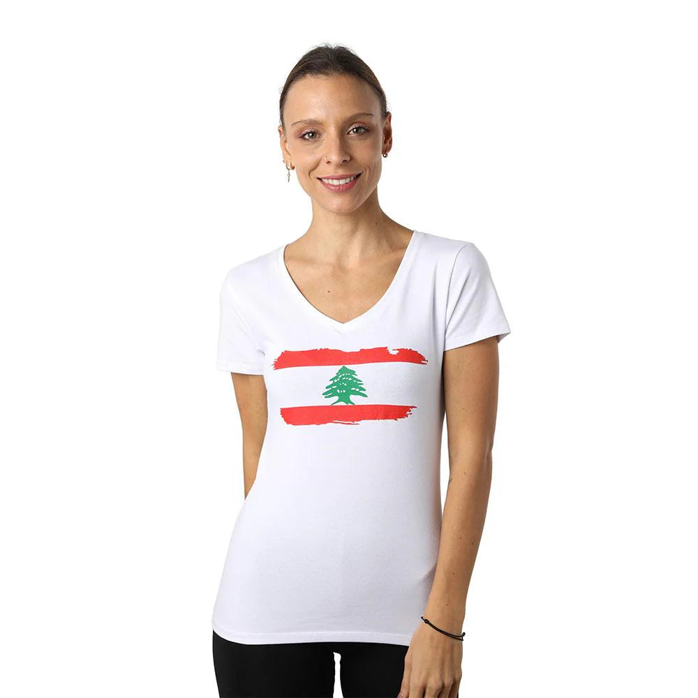 White women’s V-neck T-shirt inspired by Lebanese streetwear style with short sleeves