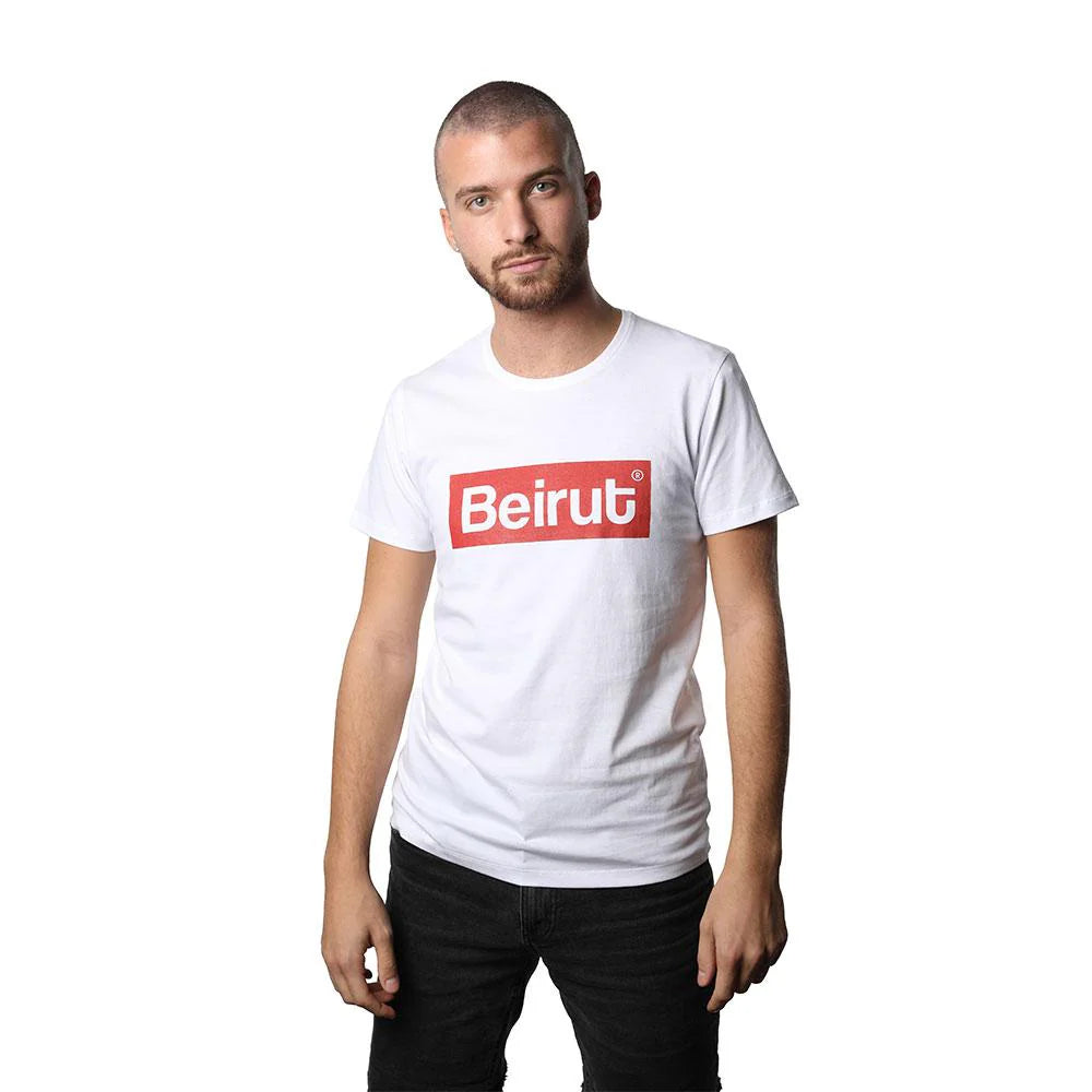 White men’s T-shirt with red Beirut graphic and short sleeves