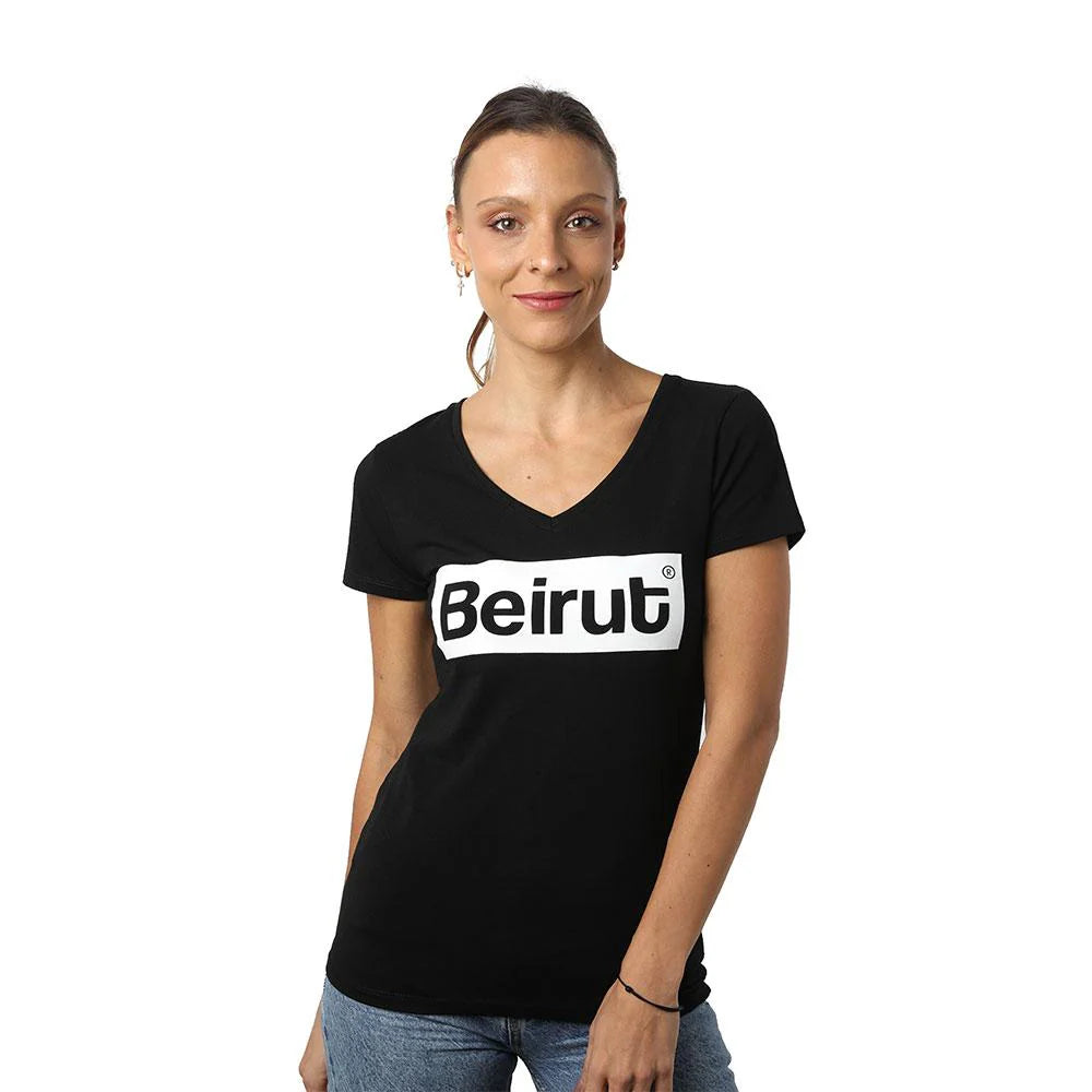 Black women’s V-neck T-shirt with white Beirut graphic and short sleeves