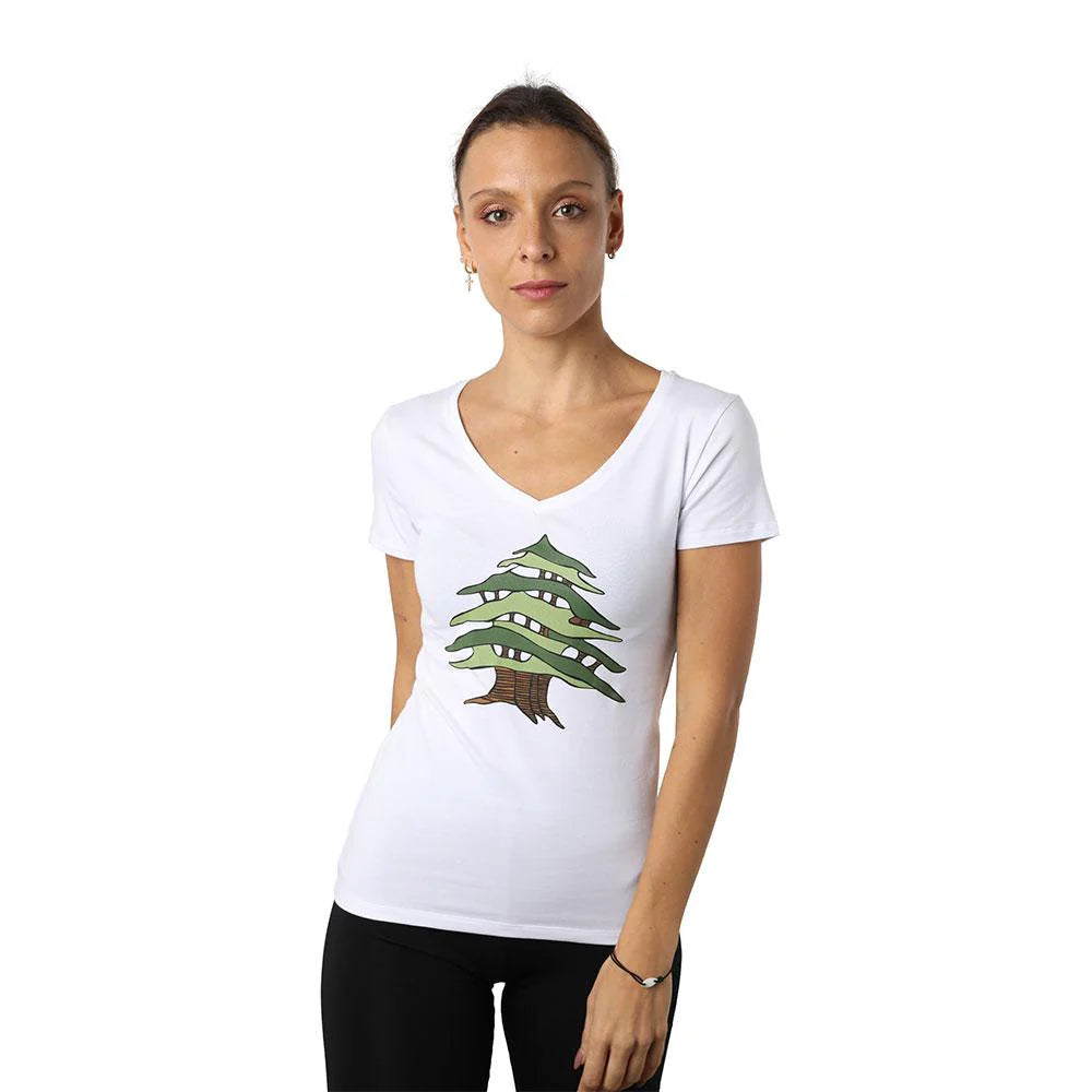 White women’s V-neck T-shirt inspired by Cedar Of Lebanon and Lebanese streetwear style