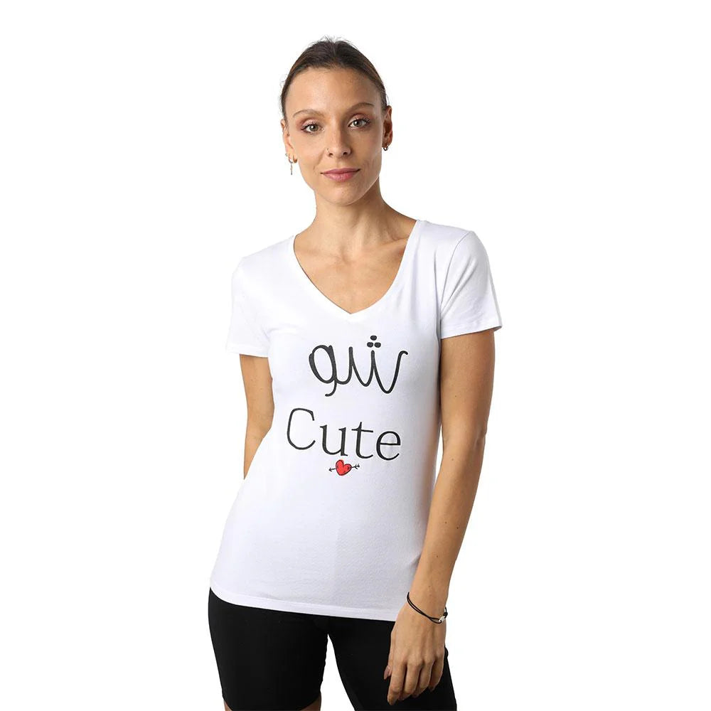 White women’s V-neck T-shirt with Chou Cute Lebanese-inspired graphic and short sleeves