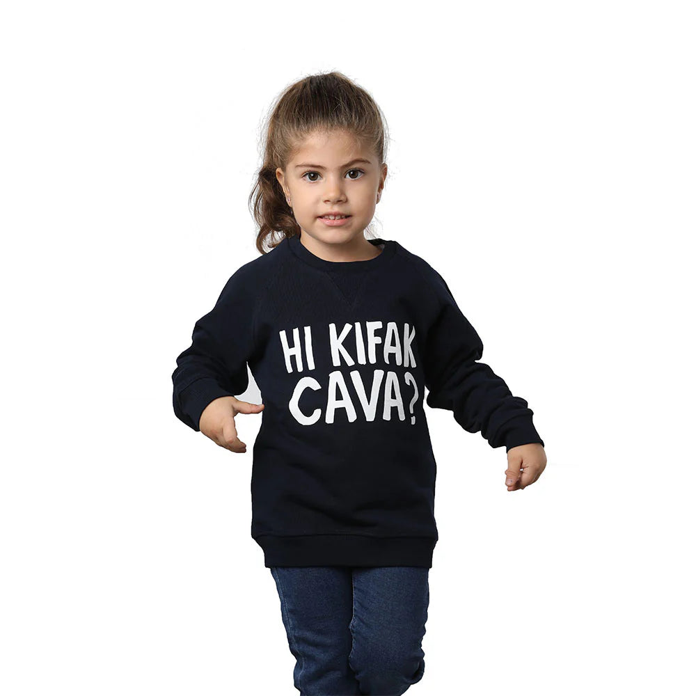 Black kids sweater with Hi Kifak Cava graphic, long sleeves, and ribbed cuffs