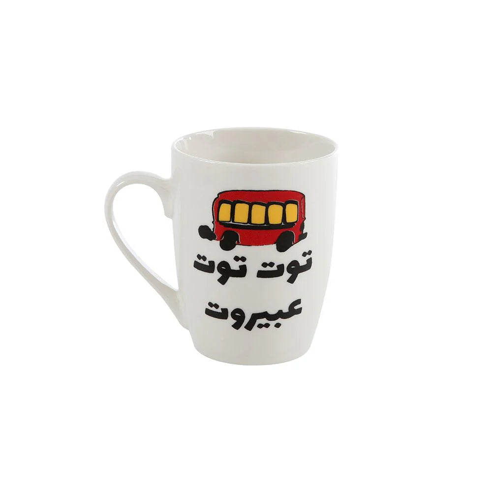 Porcelain mug featuring Beirut bus illustration and Lebanese cultural typography design
