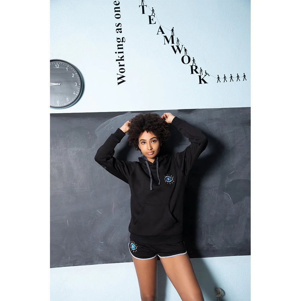 Black women’s shorts with turquoise evil eye embroidery and side pockets