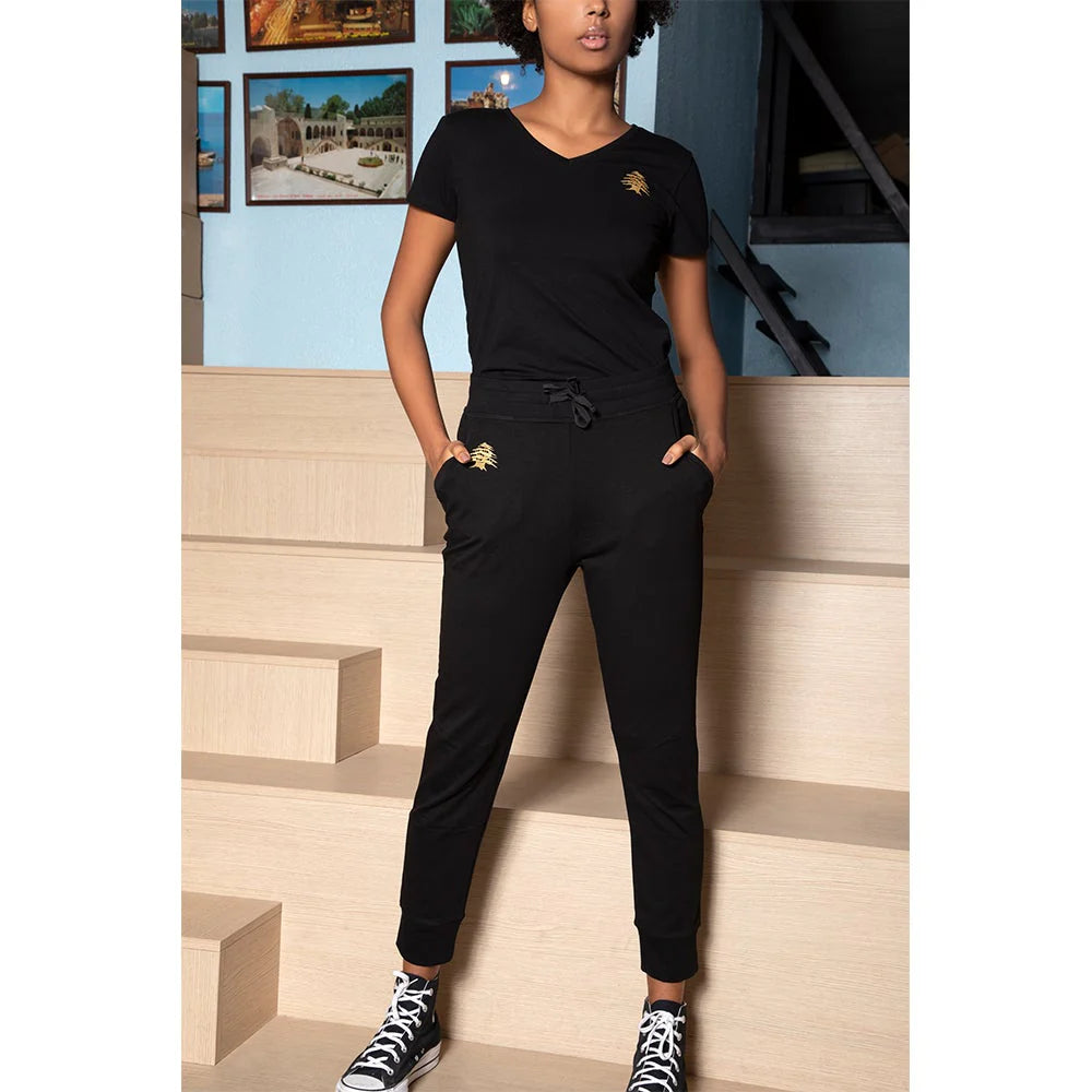 Black women’s V-neck T-shirt with gold cedar embroidery and short sleeves