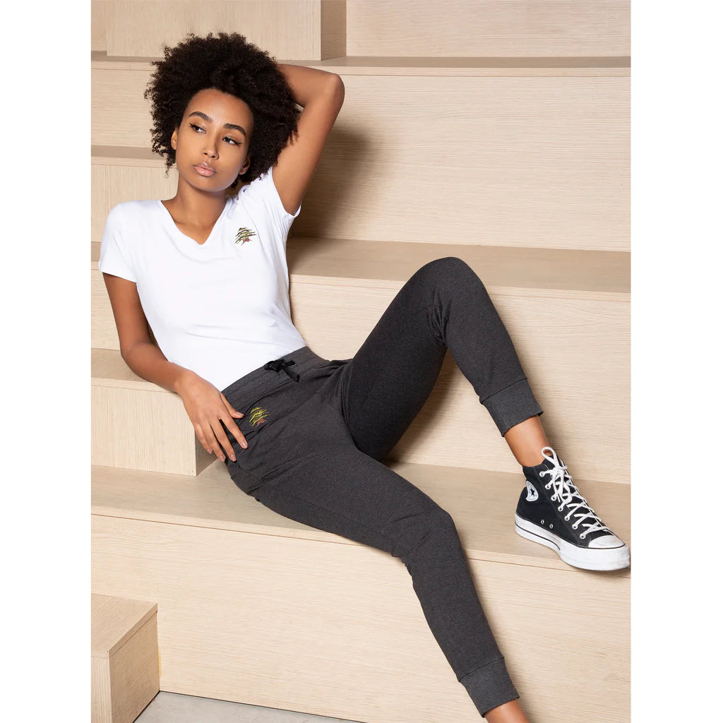 Grey Lebanese sweatpants with cedar embroidery, side pockets, and cuffed hems for women