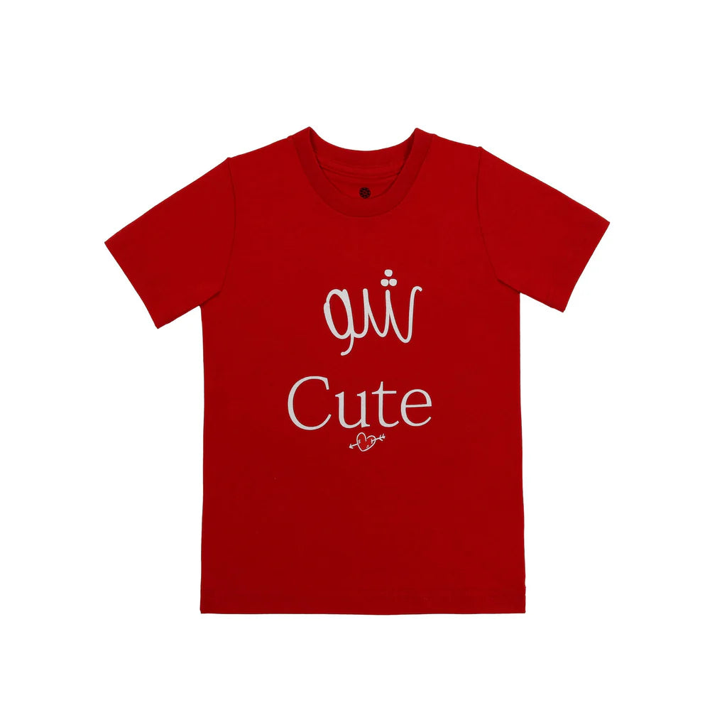 Red kids T-shirt with شو Cute Lebanese-inspired graphic printed on the front