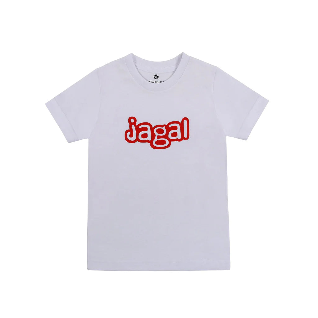 White kids T-shirt with Jagal graphic printed in pink typography on the front