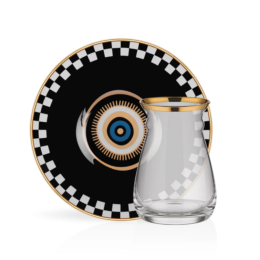 Luxury black evil eye tea cups set with gold rim glass cups and ceramic saucers