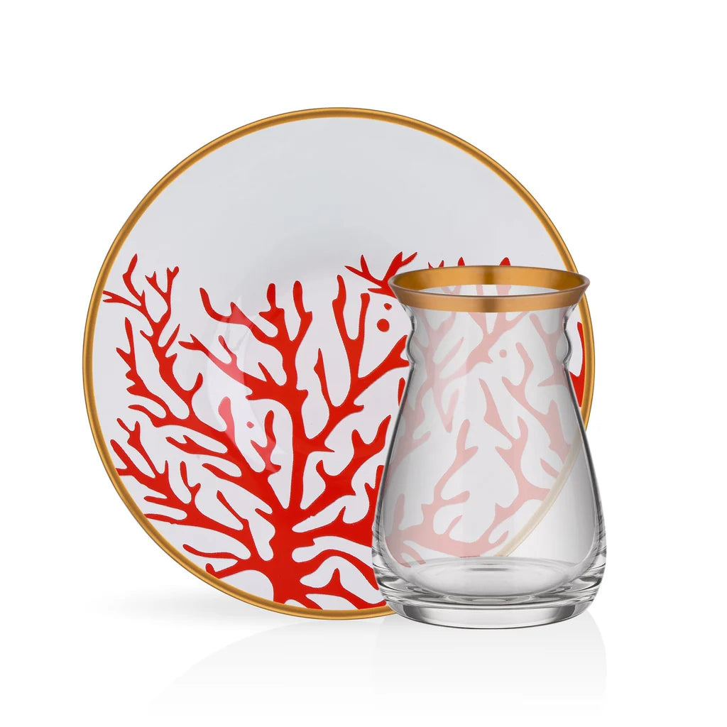 Luxury red coral tea cups set with gold rim glass cups and ceramic saucers