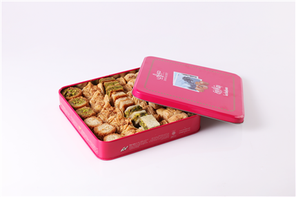 Assorted Lebanese baklava collection in elegant luxury tin box by Douaihy Sweets