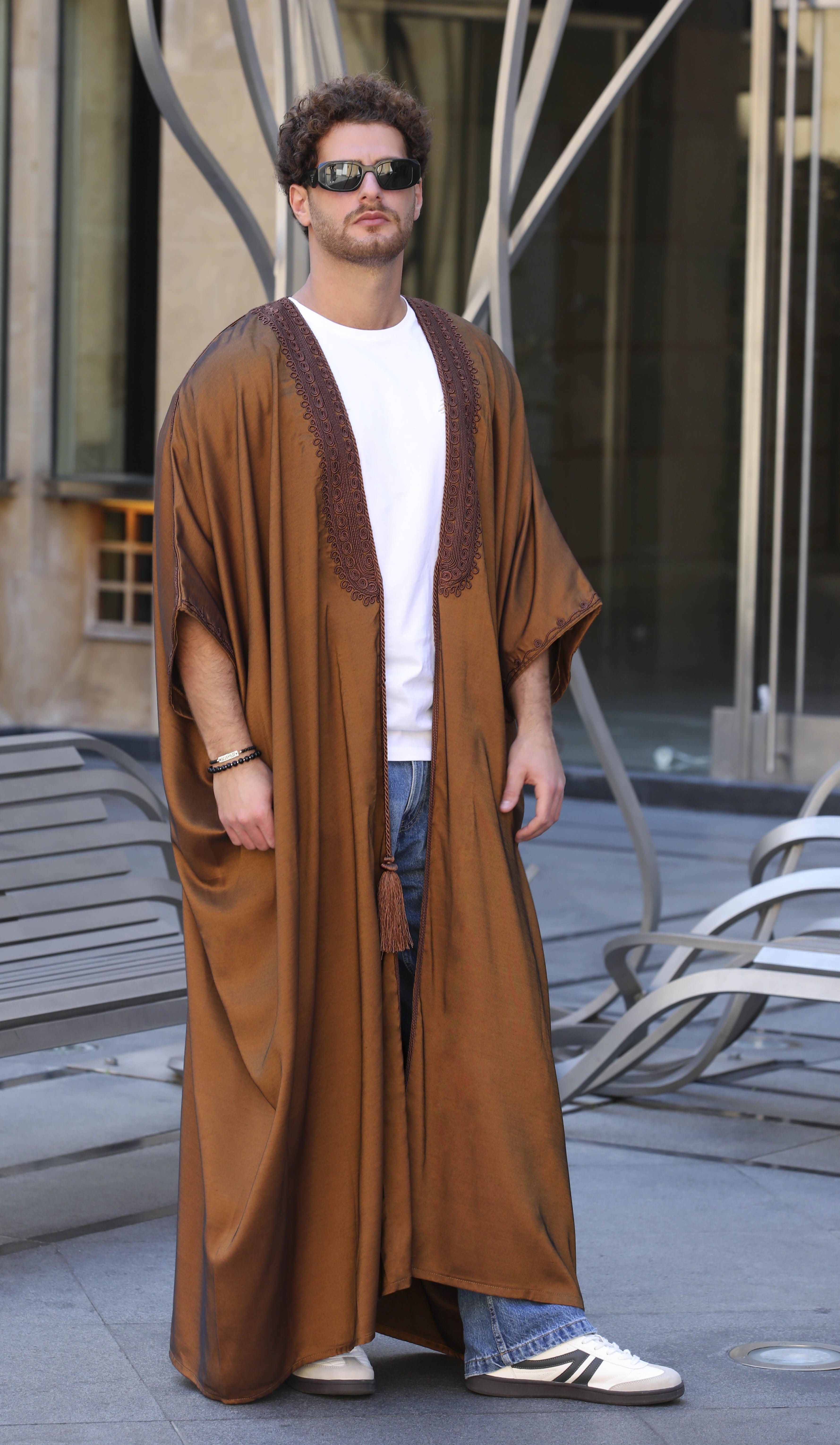 Brown cotton men abaya with tassel details by Mouftah El Chark, relaxed everyday modest wear at Idole Lebanon