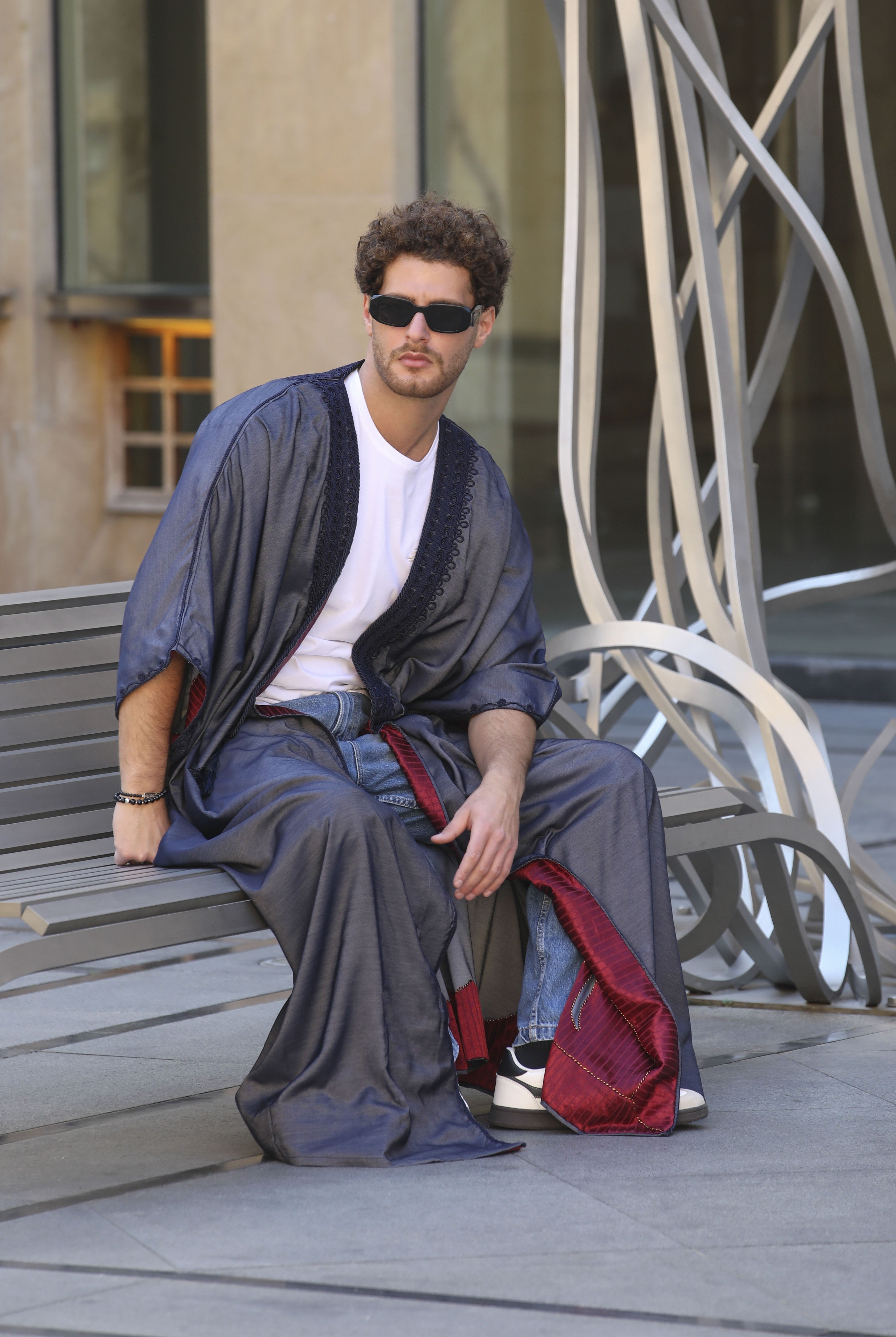 Dark blue denim-style men abaya with modern design by Mouftah El Chark, urban modest wear at Idole Lebanon