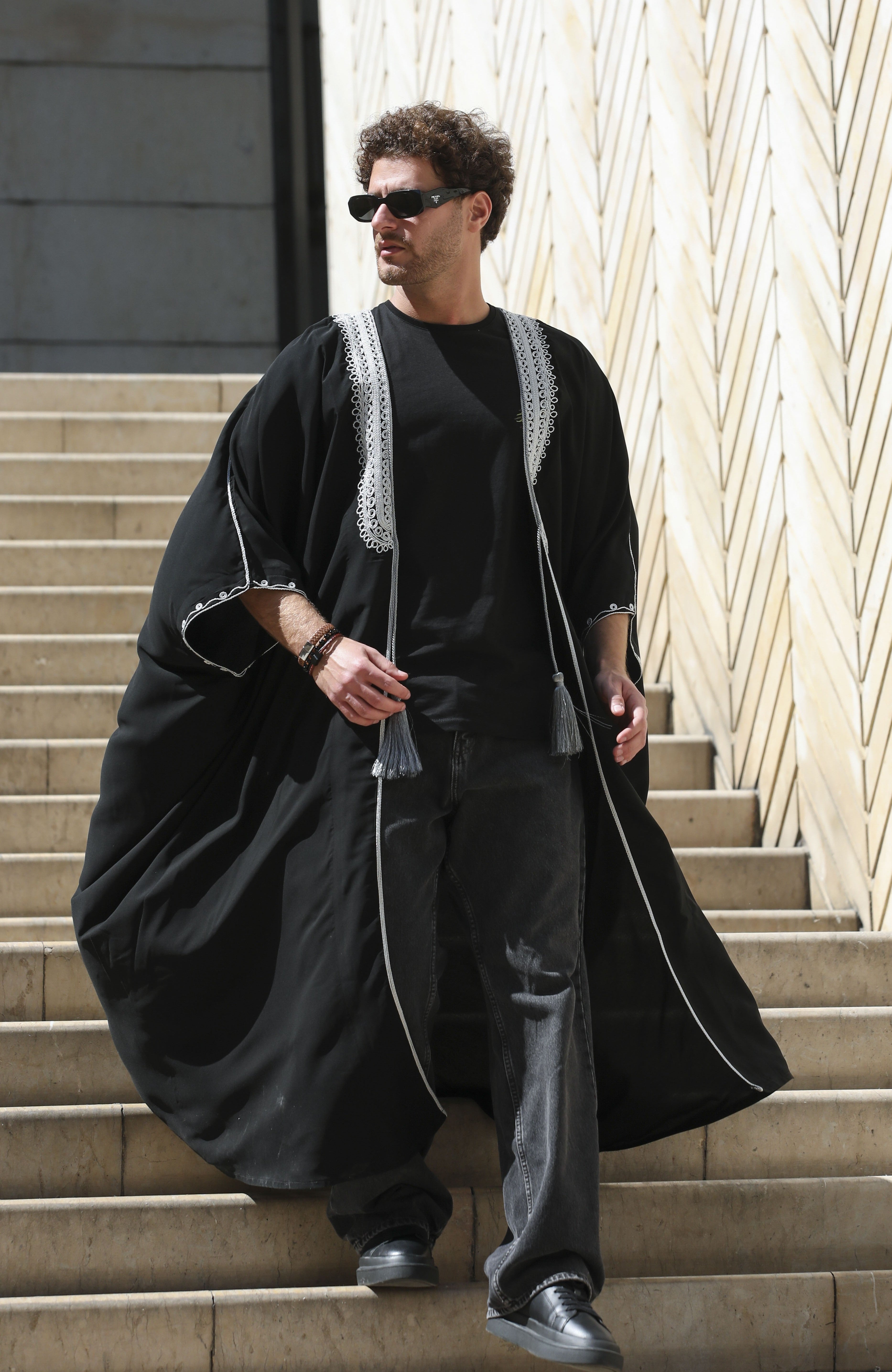Black cotton men abaya with silver detail and tassels by Mouftah El Chark, modern everyday modest wear at Idole Lebanon