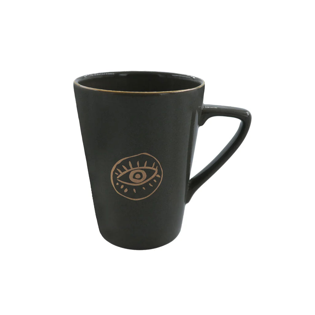 Grey Evil Eye porcelain mug with golden nazar symbol and elegant minimalist design