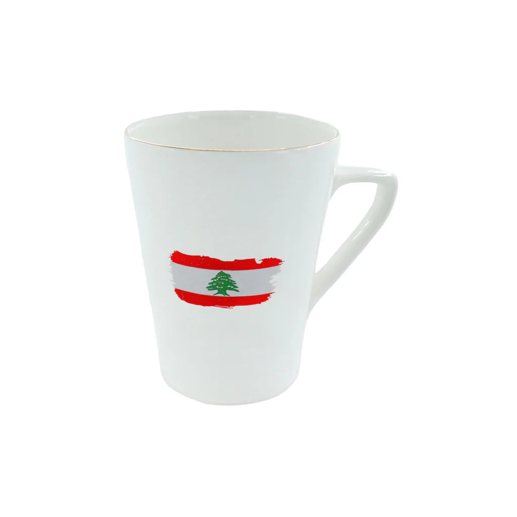 White porcelain mug featuring the Lebanese flag with elegant minimalist design