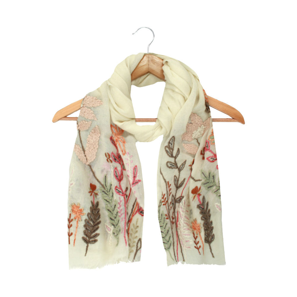 Off-white wool scarf with floral pattern by Mouftah El Chark, elegant lightweight accessory at Idole Lebanon