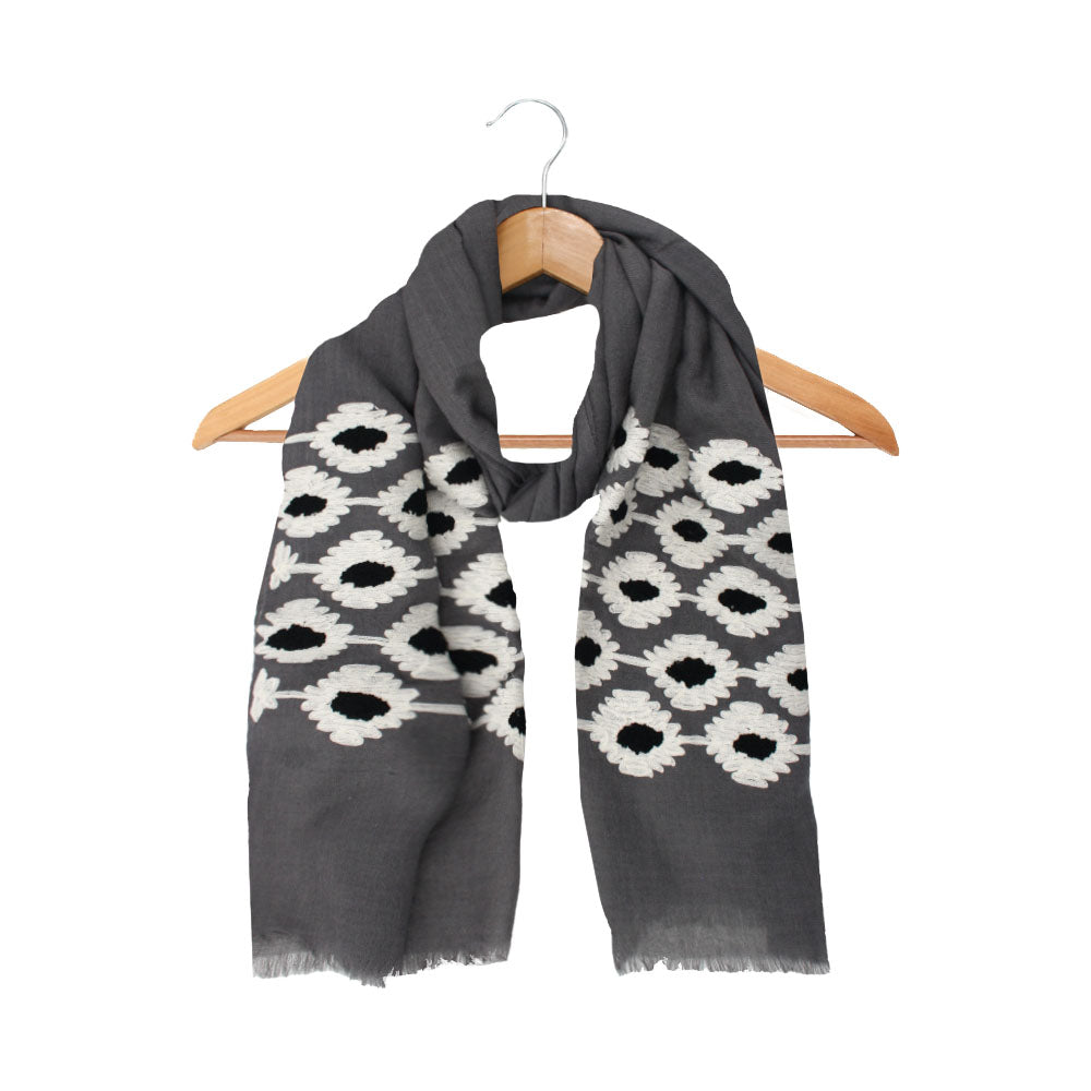 Black and grey wool scarf with bold pattern by Mouftah El Chark, modern statement accessory at Idole Lebanon